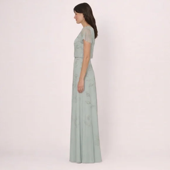 slim fit dress slacks Green Jersey Long Sleeve V Neck Gown With Beaded Belt main image 0